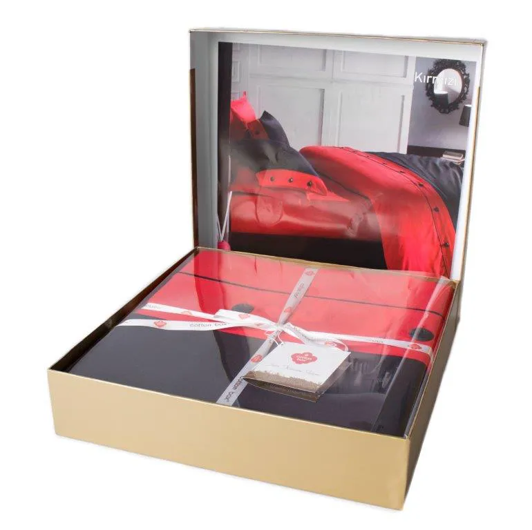 Pościel satynowa 160x200 Cotton Box jednobarwna z guzikami czerwona 003