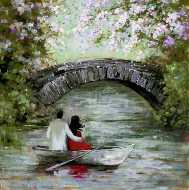 Obraz Guido 80x80 ręcznie malowany zakochana para na łódce Eurofirany