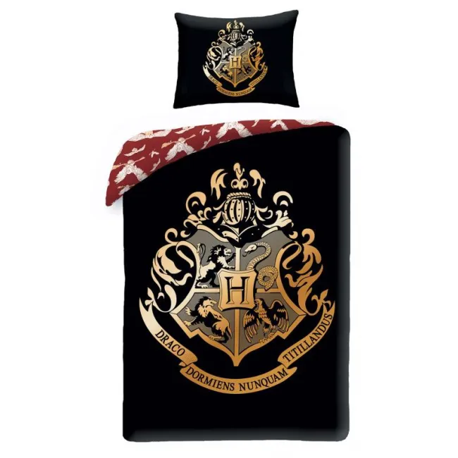 Pościel bawełniana 140x200 Harry Potter 1195 Herb Szkoły Magii i Czarodziejstwa w Hogwarcie HP-0077BL