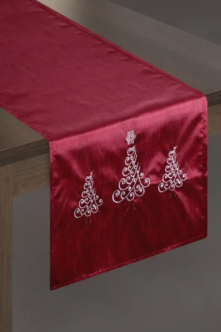 Obrus świąteczny 40x140 Afra czerwony   haftowany choinki białe Eurofirany