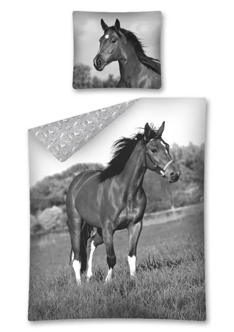Pościel młodzieżowa 140x200 Koń na łące czarny biały 2675