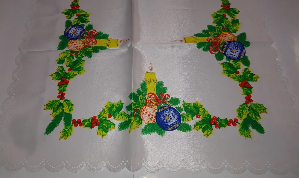 Obrus plamoodporny 50x90 świąteczny stroik Boże Narodzenie żółte niebieskie bombki biały atłasowy