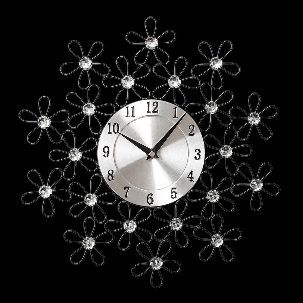 Zegar ścienny 34x34x4 Crystal 02 Kwiatki metalowa tarcza srebrna kwiatki kryształ