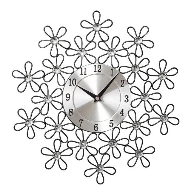 Zegar ścienny 34x34x4 Crystal 02 Kwiatki metalowa tarcza srebrna kwiatki kryształy