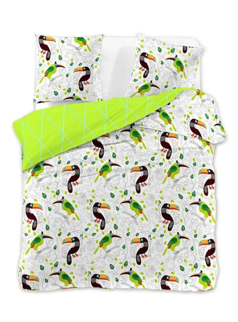 Pościel satynowa 160x200 Toucan biała zielona romby tukany dwustronna