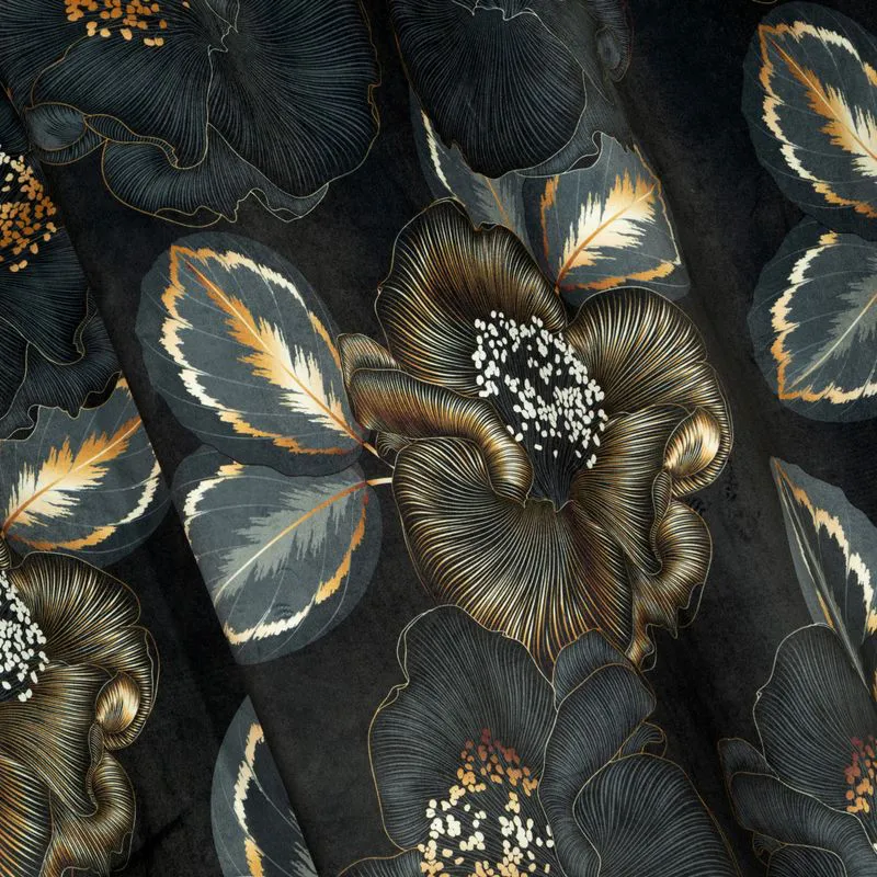 Zasłona 140x250 Peonia 2 czarna popielata kwiaty peonie gotowa na przelotkach welurowa Limited Collection Eurofirany