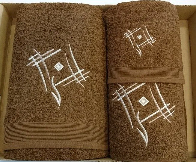 Komplet ręczników Villa Classic  3 szt brązowy z haftem rąby kreski