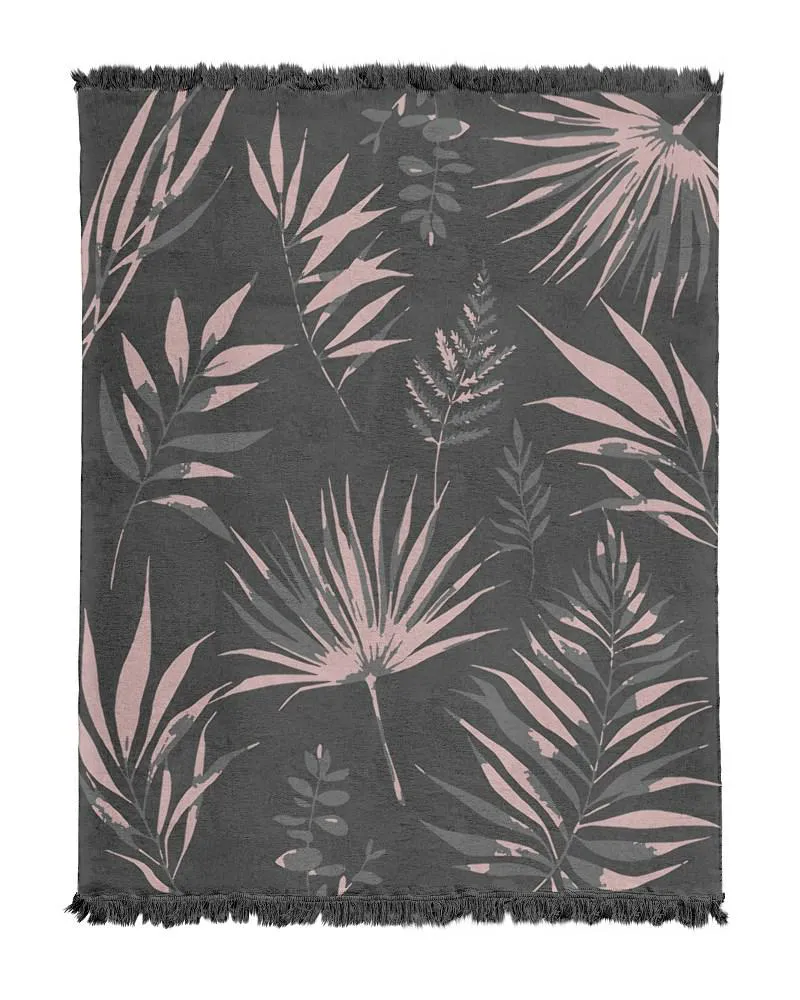 Koc bawełniany akrylowy 150x200 szary     liście palmy z frędzlami 116jb