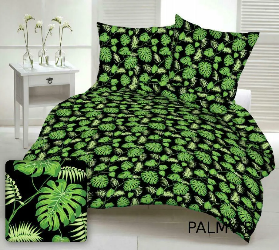 Pościel z kory 160x200 178b czarna liście zielone gałązki palmy na guziki bawełna