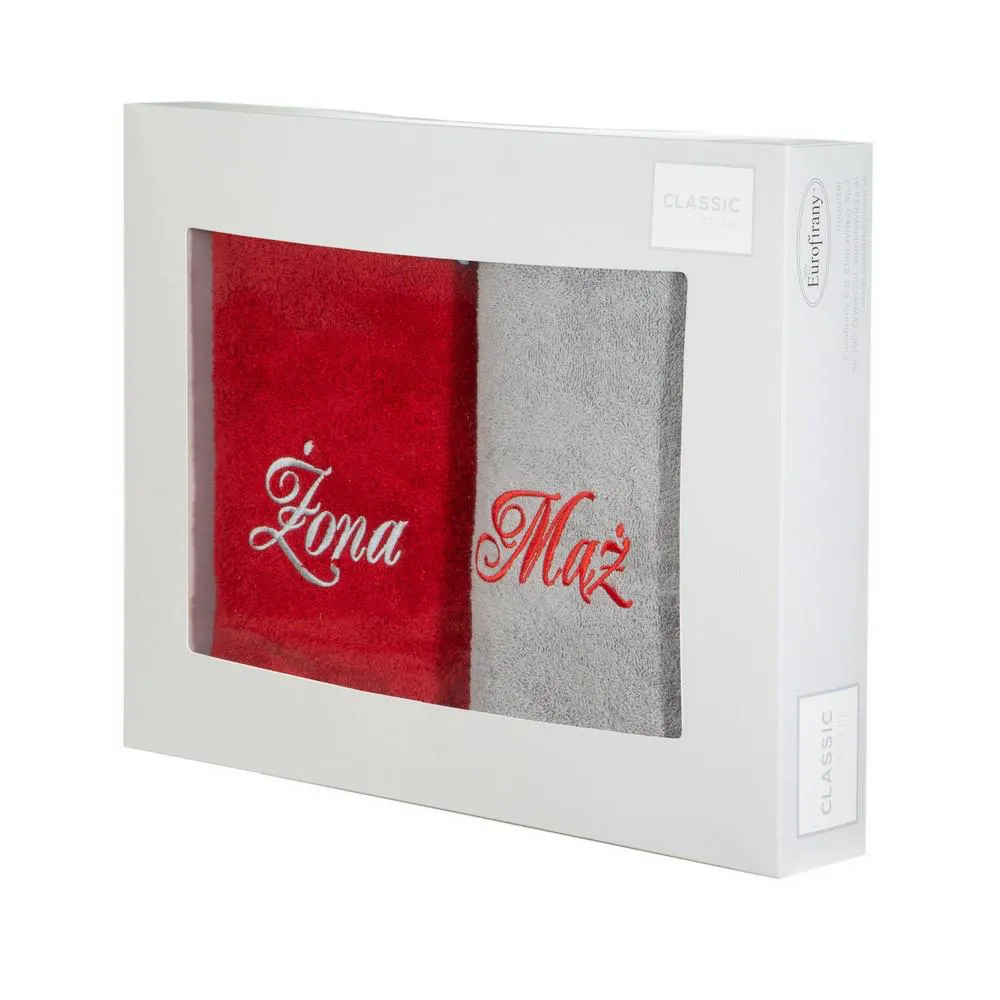 Komplet ręczników w pudełku 2 szt 50x90 Mąż Żona popielaty czerwony Eurofirany