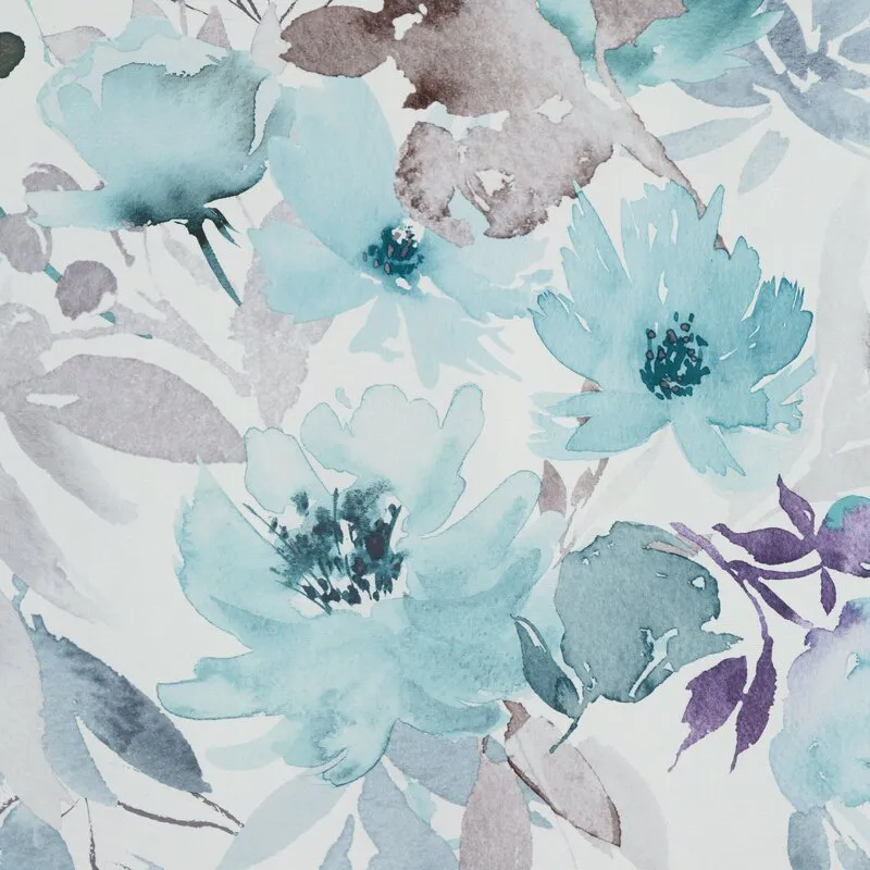 Zasłona 140x270 Sendi biała niebieska     gotowa na taśmie z lekkiej mikrofibry z motywem malowanych pędzlem kwiatów Eurofirany