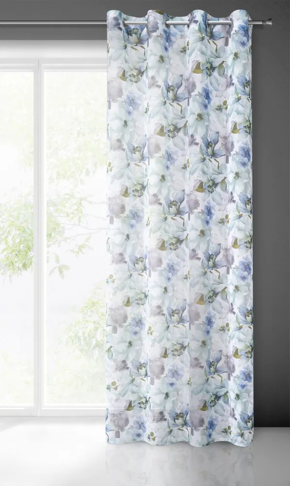 Zasłona 140x250 Bella biała niebieska z lekkiej etaminy dekorowana nadrukiem z kwiatowym gotowa na przelotkach Eurofirany