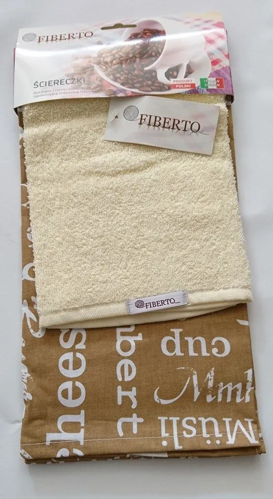 Komplet ścierek kuchennych Fiberto ścierka beżowa napisy 50x70 ręcznik kremowy 30x48 100% bawełny