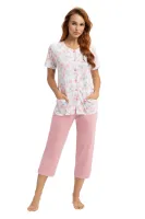 Piżama damska 476 różowa biała kwiaty     rozmiar: L krótki rękaw spodnie 3/4