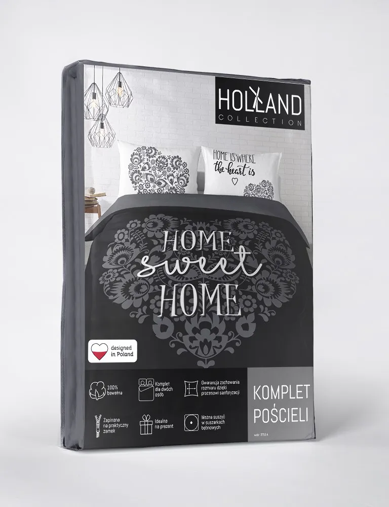 Pościel bawełniana 220x200 Home sweet Home serca czarna biała 3753 A Holland 78