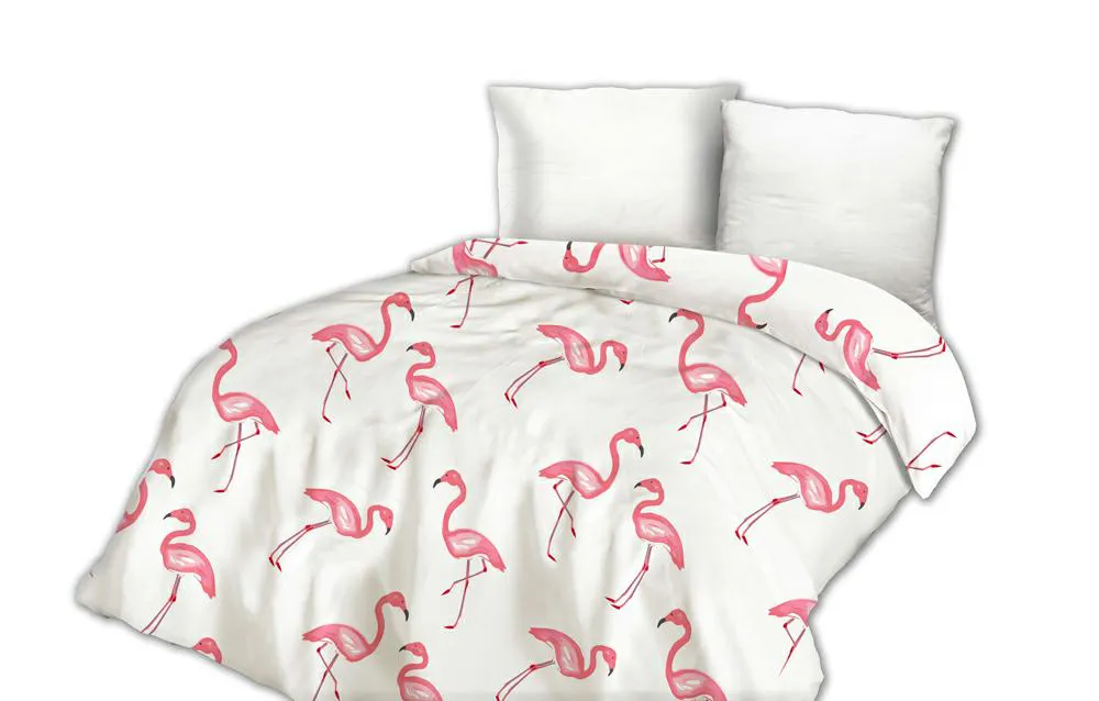 Pościel satynowa 200x220 Flamingi biała różowa Exclusive