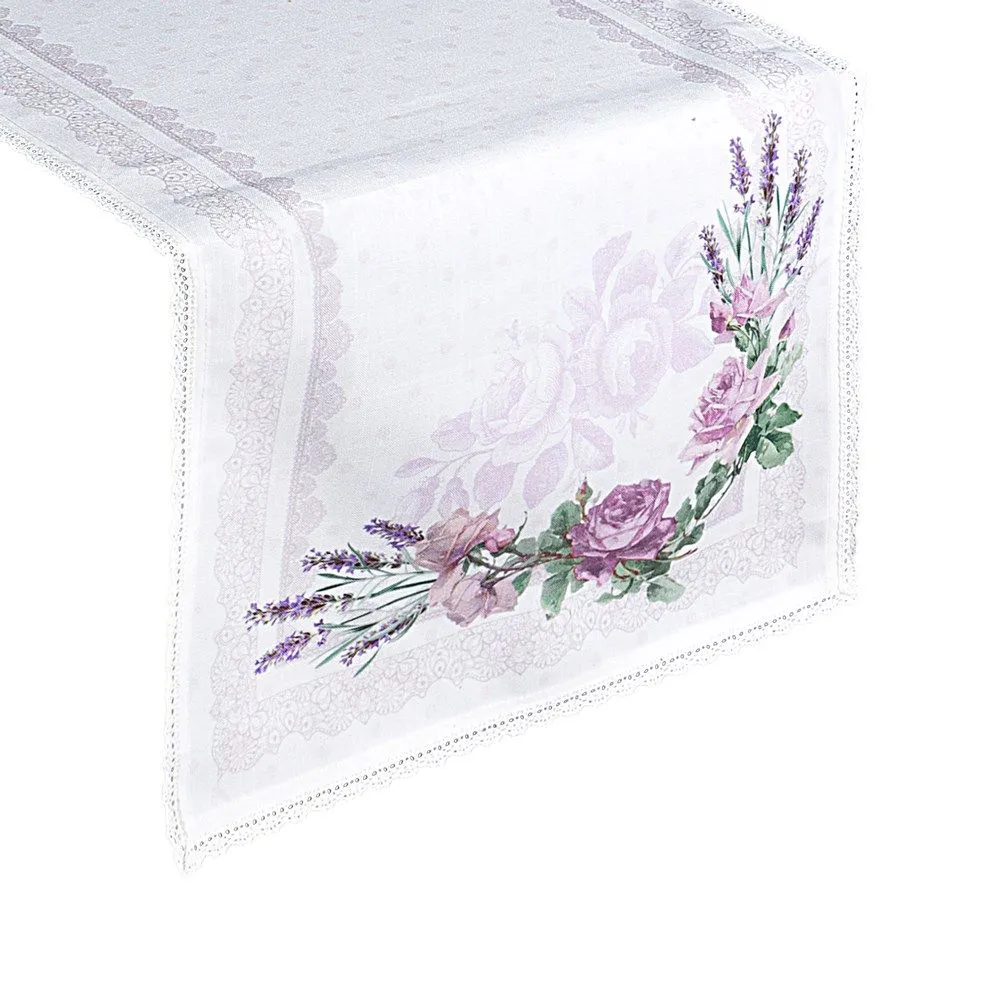 Obrus dekoracyjny 40x140cm. Rosalie biały fioletowy kwiaty Eurofirany