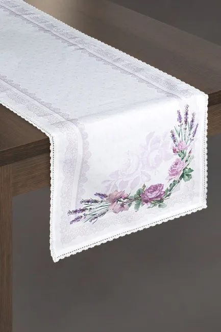 Obrus dekoracyjny 40x140cm. Rosalie biały fioletowy kwiaty Eurofirany