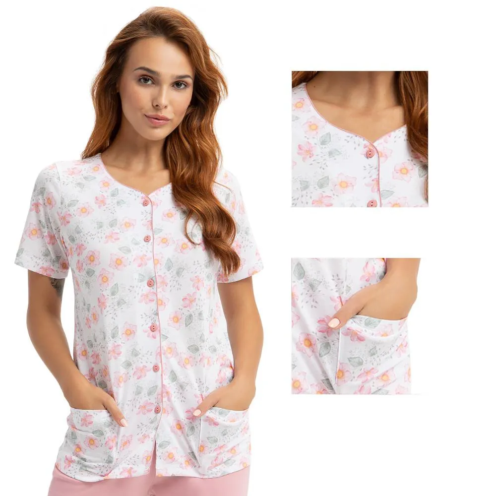 Piżama damska 476 różowa biała kwiaty     rozmiar: XL krótki rękaw spodnie 3/4