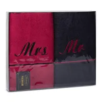 Komplet ręczników T/0487 2 szt Bambo Mrs&Mr 2x50/90 czerwony czarny zestaw upominkowy 500g/m2 Eurofirany