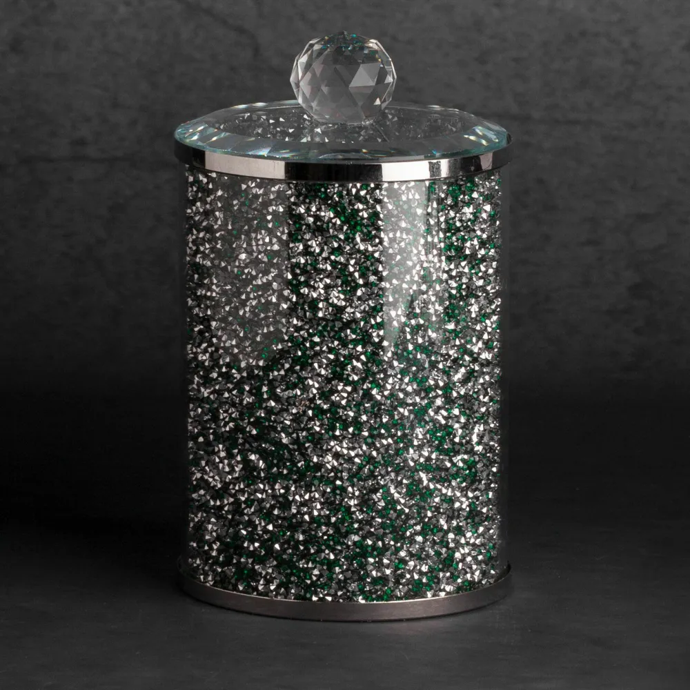 Pojemnik Ventosa 10x17 zielony srebrny do przechowywania z kryształkami w stylu glamour Eurofirany