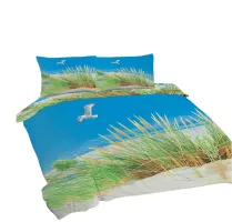 Pościel bawełniana 220x200 Plaża mewy trawa niebieska zielona Universal Matex