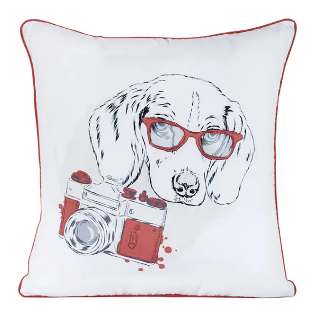 Poszewka dekoracyjna 40x40 Dog 3 Piesek Aparat Okulary biała czerwona Eurofirany