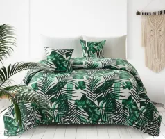 Narzuta dekoracyjna 240x220 biała  zielona liście palmy pikowana Jungle