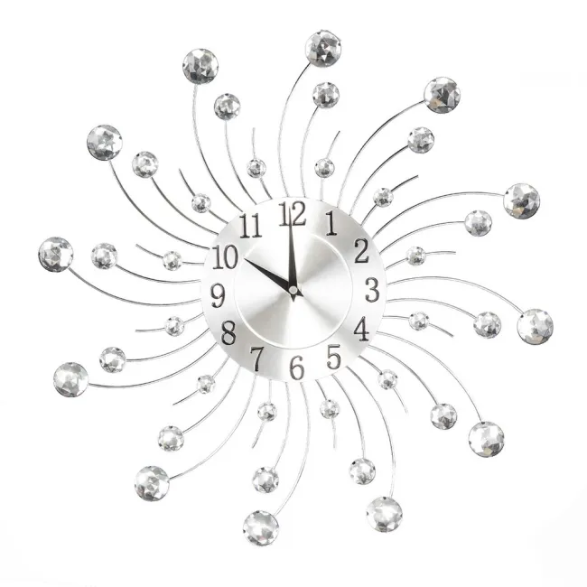 Zegar ścienny 46x46x4 Crystal 05 Słońce srebrny okrągłe kryształy zakrzywione promienie