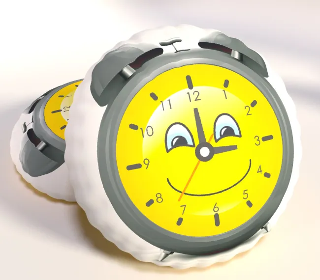 Poduszka dekoracyjna przytulanka Budzik zegarek żółty buźka uśmiechnięta B364