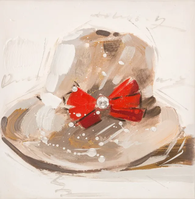 Obraz Hat 1 30x30 ręcznie malowany kapelusz z czerwoną kokardą Eurofirany