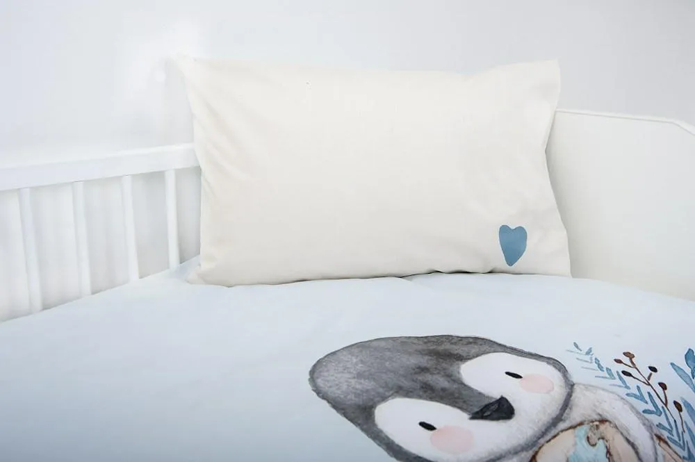 Pościel bawełniana 100x135 Pingwin        kremowa błękitna dziecięca do łóżeczka H23