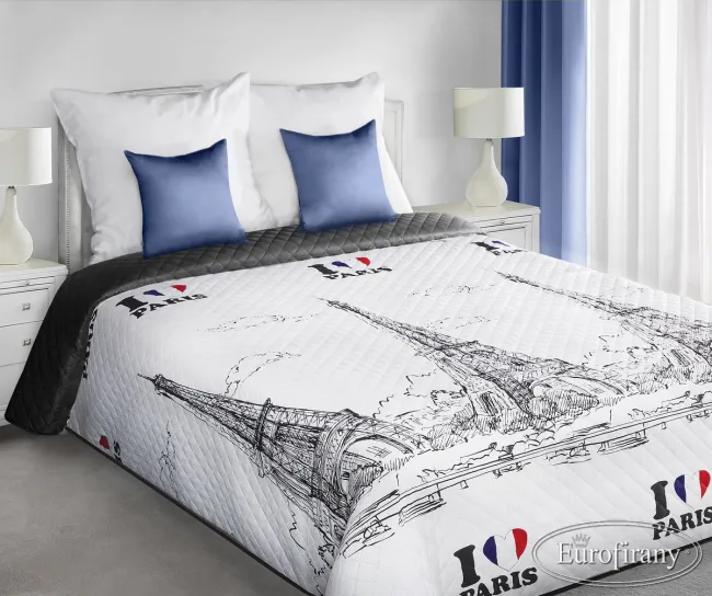 Narzuta na łóżko 170x210 Holly Paris biało czarna Wieża Eiffla Eurofirany