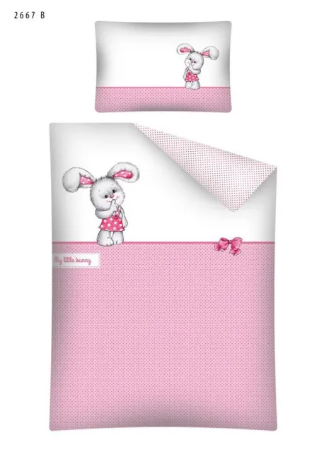 Pościel bawełniana 100x135 2667 B królik groszki biała różowa dwustronna