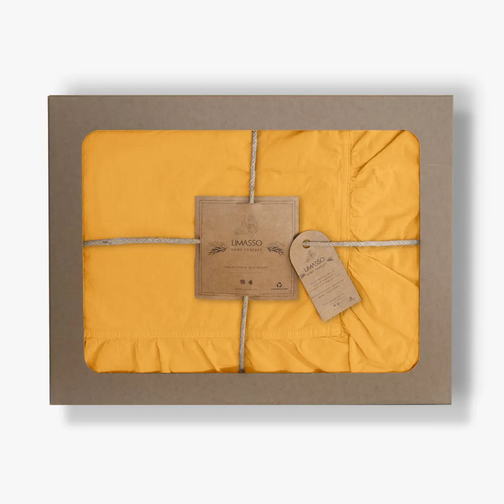 Pościel bawełniana 160x200 żółta          z falbanką jednobarwna w pudełku Stonewashed Limonade