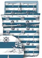 Pościel bawełniana 140x200 marynarska  biała niebieska statki kotwice latarnia morska pasy 21908/1 bawełna Max