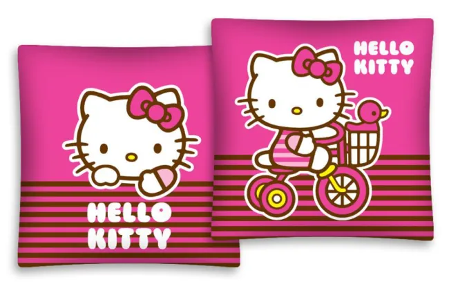 Poszewka bawełniana 40x40 Hello Kitty na rowerze różowa brązowe paseczki 1244