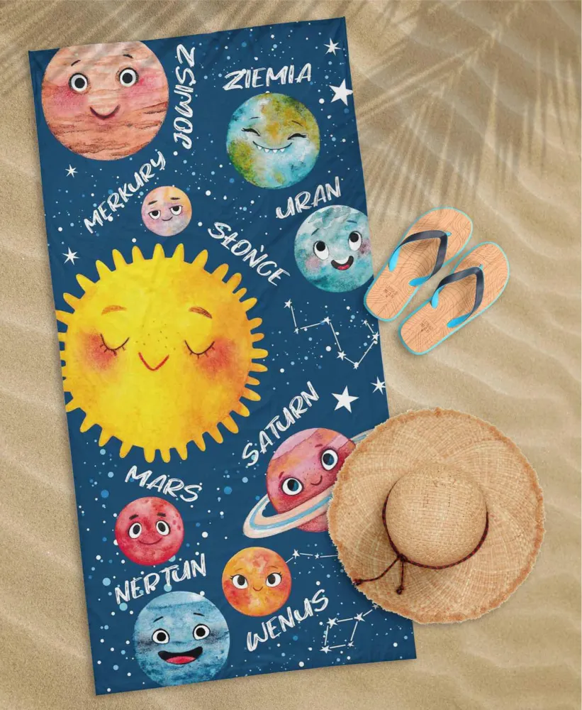 Ręcznik plażowy 70x140 Planety 93  niebieski kolorowy dziecięcy bawełniany