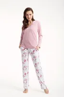 Piżama damska długa 675 pudrowa różowa    biała różowa kwiaty rozmiar: 3XL