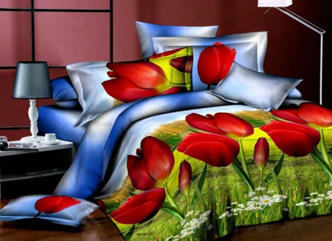 Pościel Mikrosatyna 3D 160x200 33   5993 Czerwone Tulipany