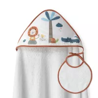 Okrycie kąpielowe 100x100 Lew 2 biały pomarańczowy ręcznik z kapturkiem + śliniaczek