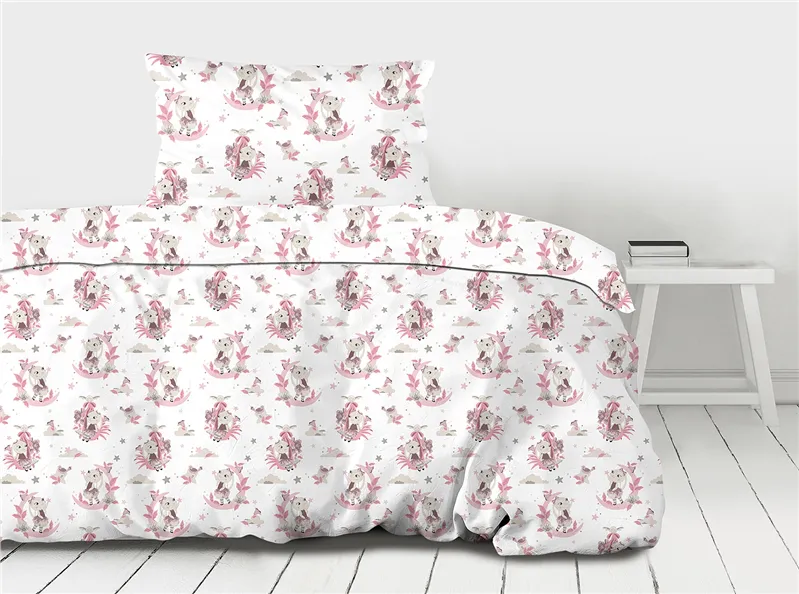 Pościel bawełniana 100x140 Sky zwierzęta  biała różowa dziecięca do łóżeczka Premium