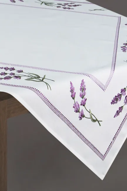 Obrus dekoracyjny 85x85 Rebeca biały fioletowy haftowany lawenda Eurofirany