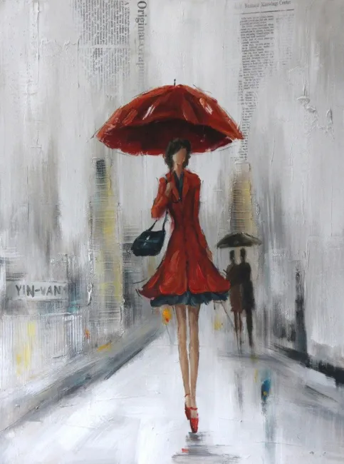 Obraz Lady 1 70x100 ręcznie malowany kobieta z czerwonym parasolem Eurofirany