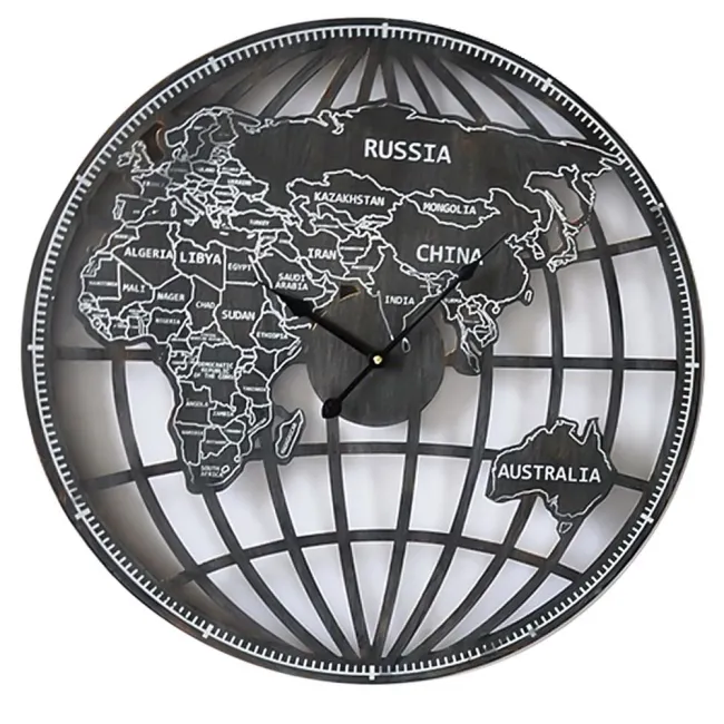 Zegar ścienny 59x59x5 Bill 01 World Map wschodnia półkula metal czarny patyna