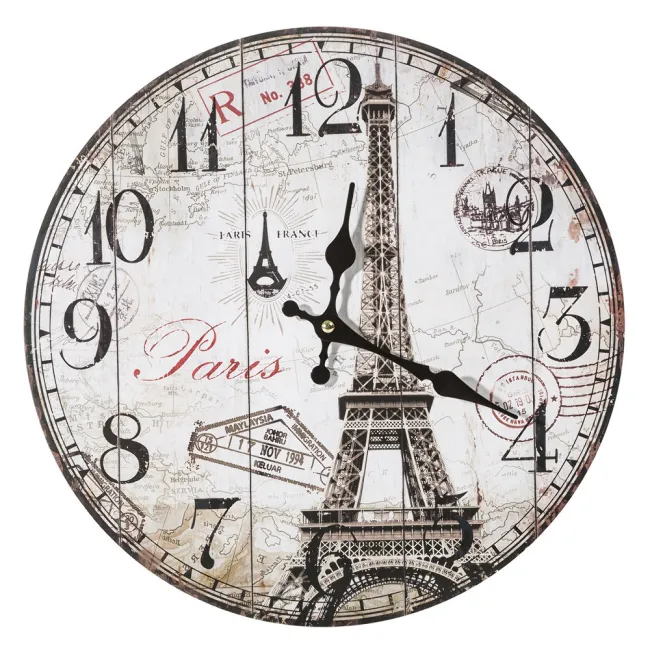 Zegar ścienny 34x34x4 Time 09 Wieża Eiffla stare mapy pieczątki z podróży