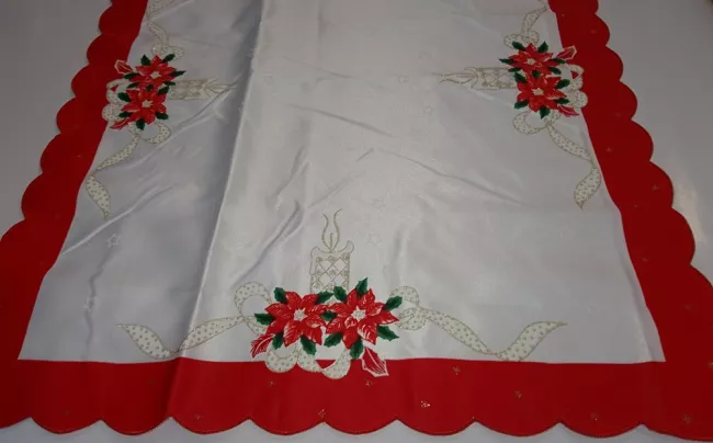 Obrus plamoodporny 50x105 świąteczny Boże Narodzenie gwiazda betlejemska biały atłasowy czerwona lamówka