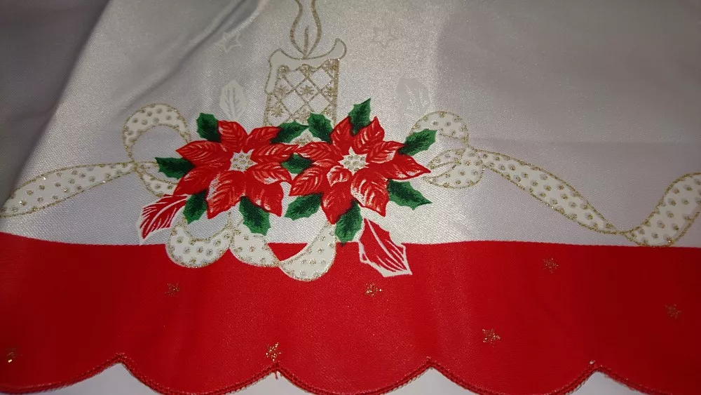 Obrus plamoodporny 50x105 świąteczny Boże Narodzenie gwiazda betlejemska biały atłasowy czerwona lamówka