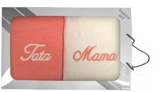 Komplet ręczników w pudełku 2 szt 70x140 Mama Tata kremowy łososiowy 09
