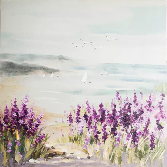 Obraz Holly 2 60x60 ręcznie malowany morze żaglówki fioletowe kwiaty Eurofiirany